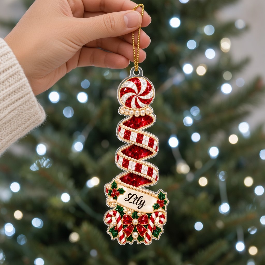 Clear acrylic spiral tree ornament with peppermint or elf top, holly and candy details, and a personalized name banner.