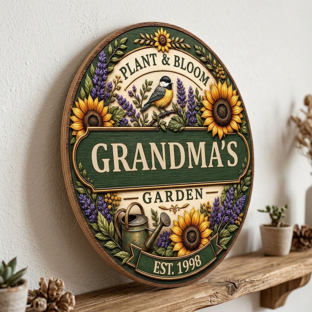 Round wooden sign with sunflowers, lavender, a chickadee, and green banners reading PLANT & BLOOM and GARDEN.