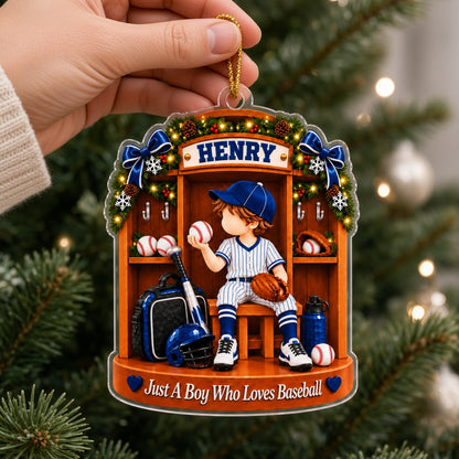 Custom acrylic ornament of a boy in a baseball locker with garland and snowflakes, personalized with his name.