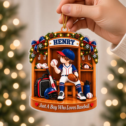 Acrylic ornament of a Christmas baseball locker room with a boy in uniform and the text Just A Boy Who Loves Baseball.