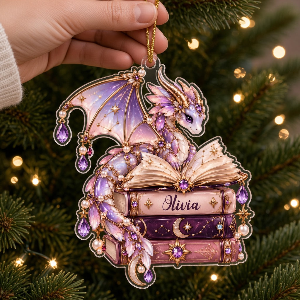Pastel purple and gold dragon on an open book atop stacked books with jewels and pearls on a clear acrylic ornament.