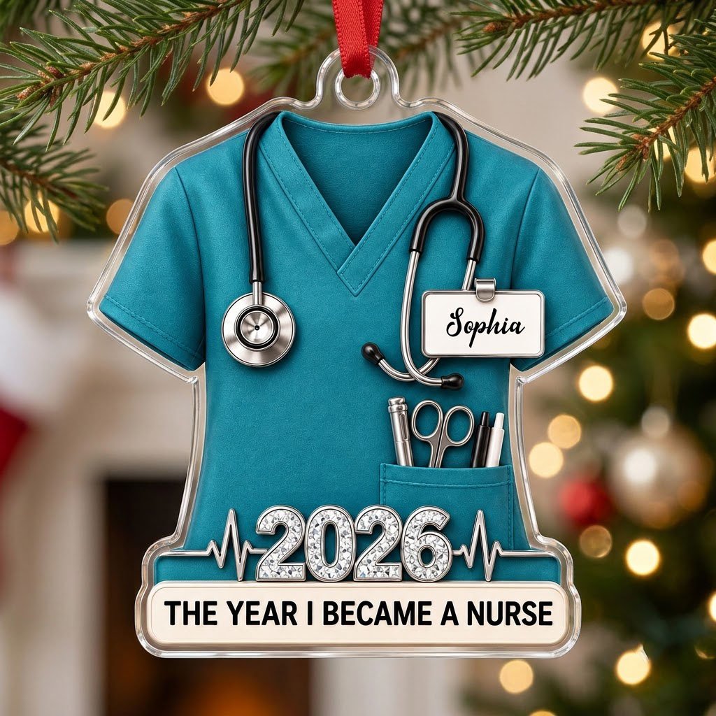 Teal scrub top acrylic ornament with stethoscope, ID badge, pocket tools, EKG line, 2026 numerals and a white name banne