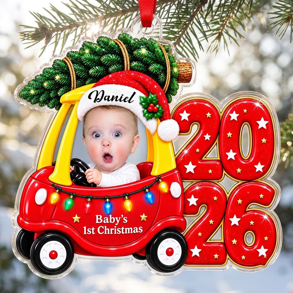Acrylic ornament shaped like a toy car with tree, Baby's 1st Christmas text, lights, and a baby photo.