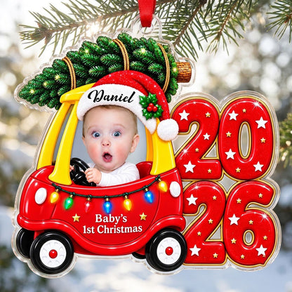 Acrylic ornament shaped like a toy car with tree, Baby's 1st Christmas text, lights, and a baby photo.