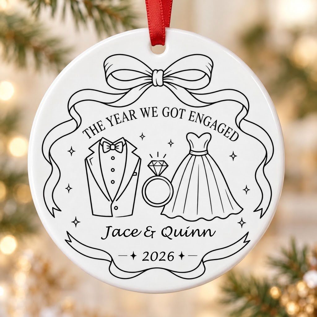 Round white ceramic ornament with black line art of bow, tuxedo, ring, dress, and THE YEAR WE GOT ENGAGED banner.