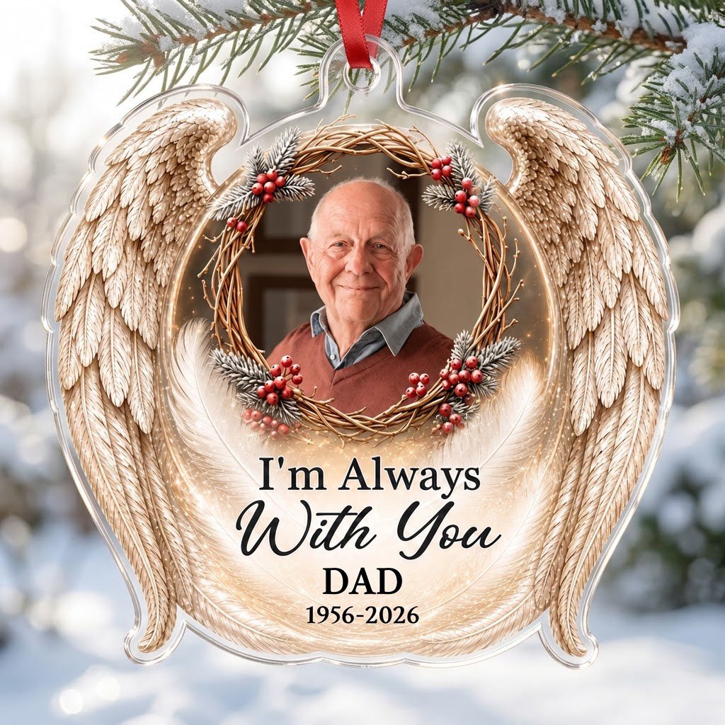 Angel wings ornament with twig wreath, red berries, custom photo, and the quote "I'm Always With You".