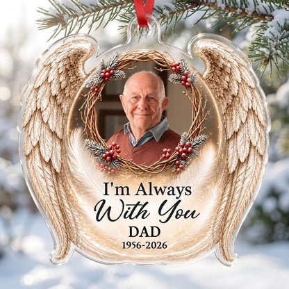 Angel wings ornament with twig wreath, red berries, custom photo, and the quote "I'm Always With You".
