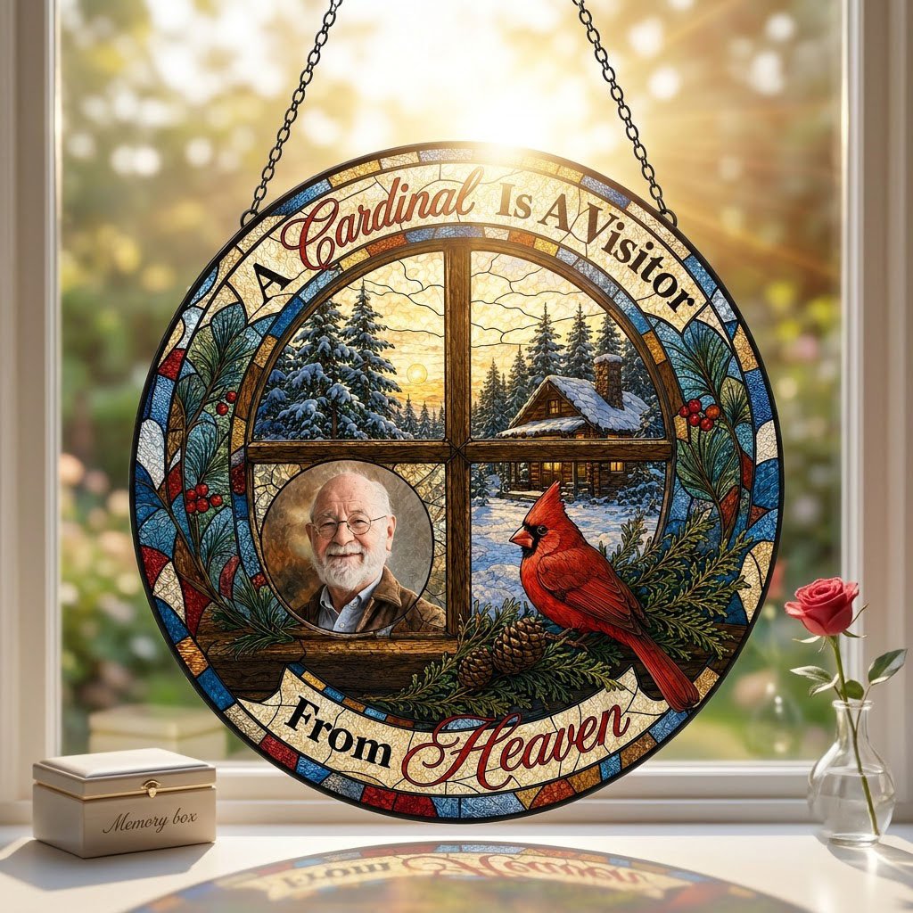 Stained glass suncatcher with a wooden four-pane window, snowy cabin scene, red cardinal on pine branches, and a circula