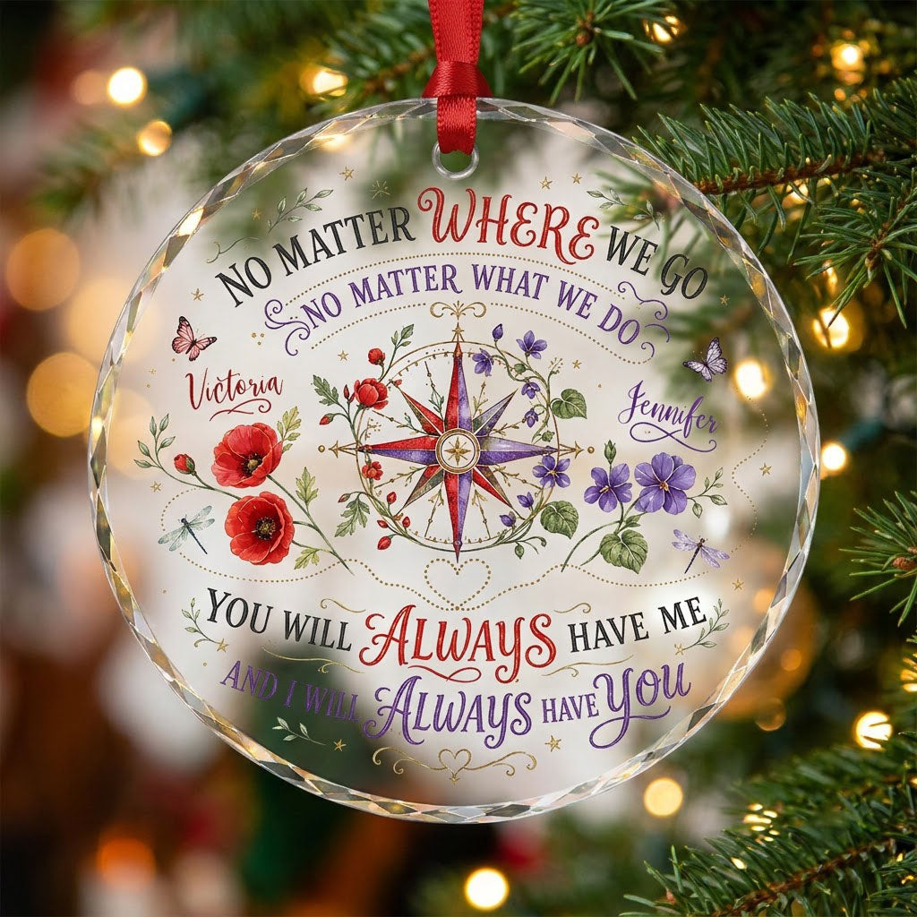 Round glass ornament with a compass rose, red and purple flowers, butterflies, dragonflies, and long-distance quotes.