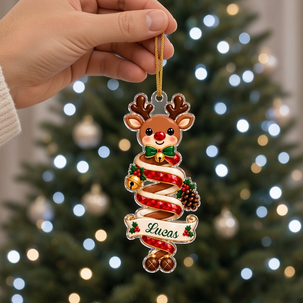 Clear acrylic ornaments shaped like a Christmas gnome and elf in red and green, each personalized with a name.