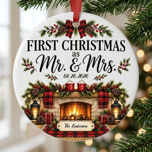 Round ceramic ornament with buffalo plaid bow, fireplace scene, and 'FIRST CHRISTMAS as Mr. & Mrs.' text.