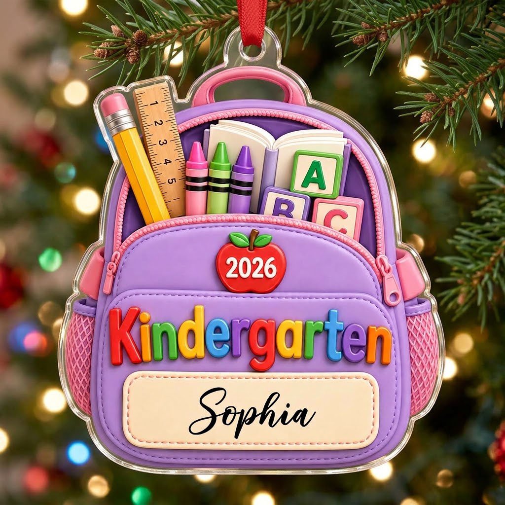 Purple backpack acrylic ornament with ABC blocks, apple, Kindergarten text, 2026 year, and a stitched name banner.