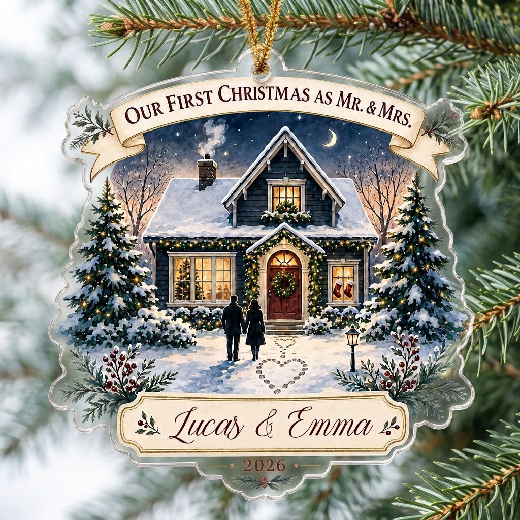 Personalized Our First Christmas as Mr & Mrs Cozy House Acrylic Ornament, Custom Newlywed First Home Keepsake