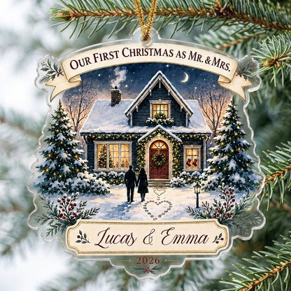 Personalized Our First Christmas as Mr & Mrs Cozy House Acrylic Ornament, Custom Newlywed First Home Keepsake