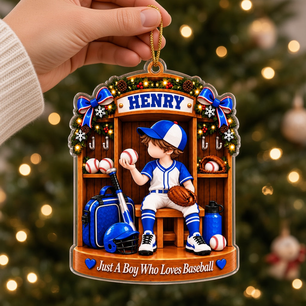 Acrylic ornament of a baseball locker with a boy in uniform and 'Just A Boy Who Lovs Baseball' at the bottom.