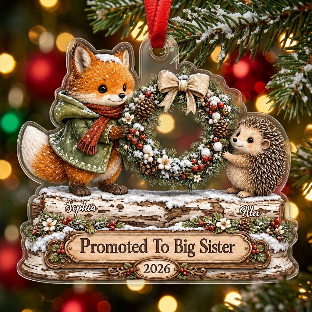 Acrylic ornament with a fox and hedgehog holding a wreath above a wood-style name banner with snowy accents.