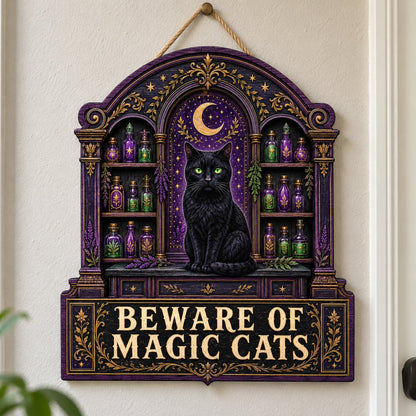 Arched wooden sign with a black cat, crescent moon, night sky, and potion shelves reading Beware of Magic Cats.