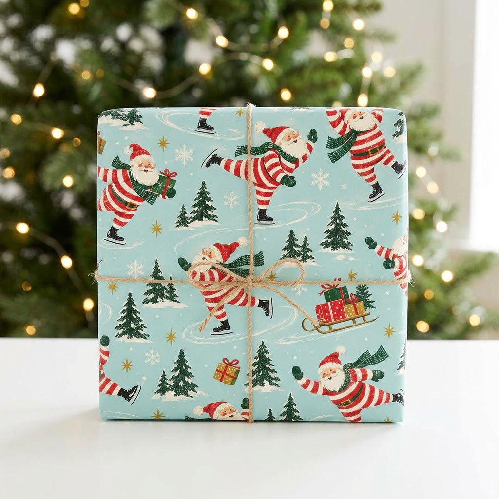 Blue wrapping paper with a pattern of ice-skating Santas, pine trees, sleds of gifts, presents and golden stars.