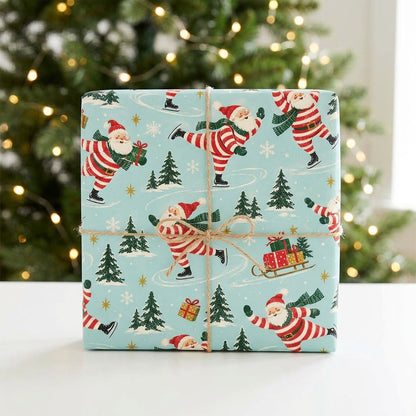 Blue wrapping paper with a pattern of ice-skating Santas, pine trees, sleds of gifts, presents and golden stars.