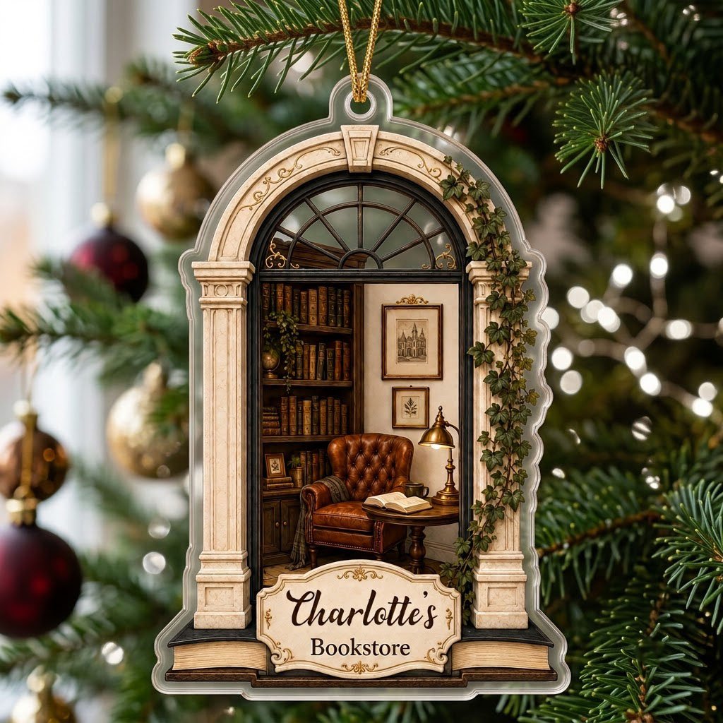 Personalized Library Reading Nook Acrylic Ornament, Custom Book Lover Christmas Keepsake