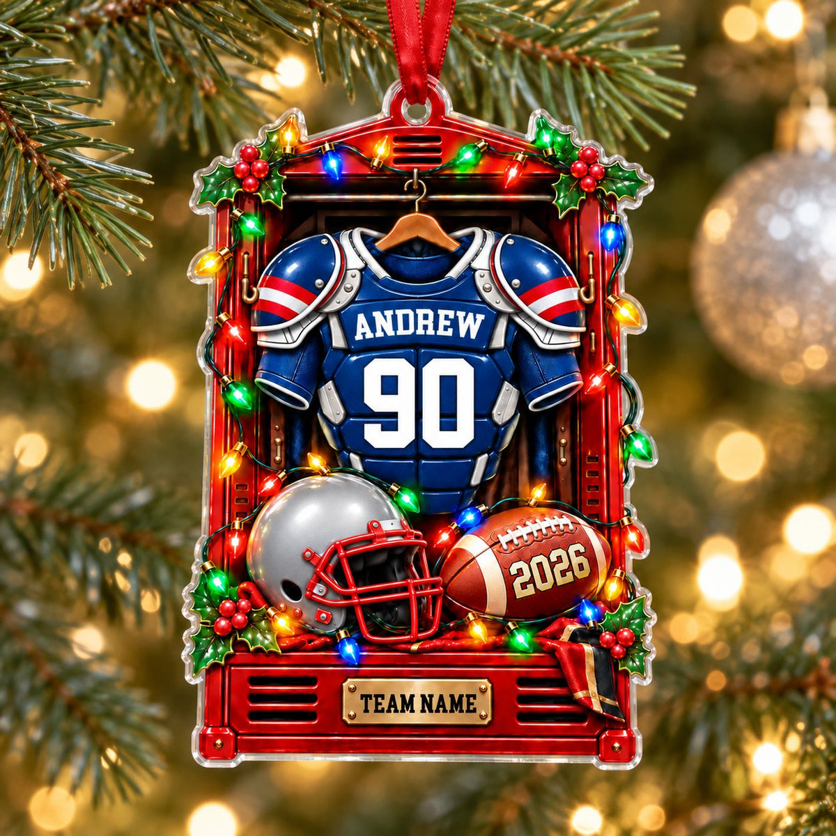 Acrylic ornament shaped like a football locker with jersey, helmet, football, lights and holly, personalized for a playe