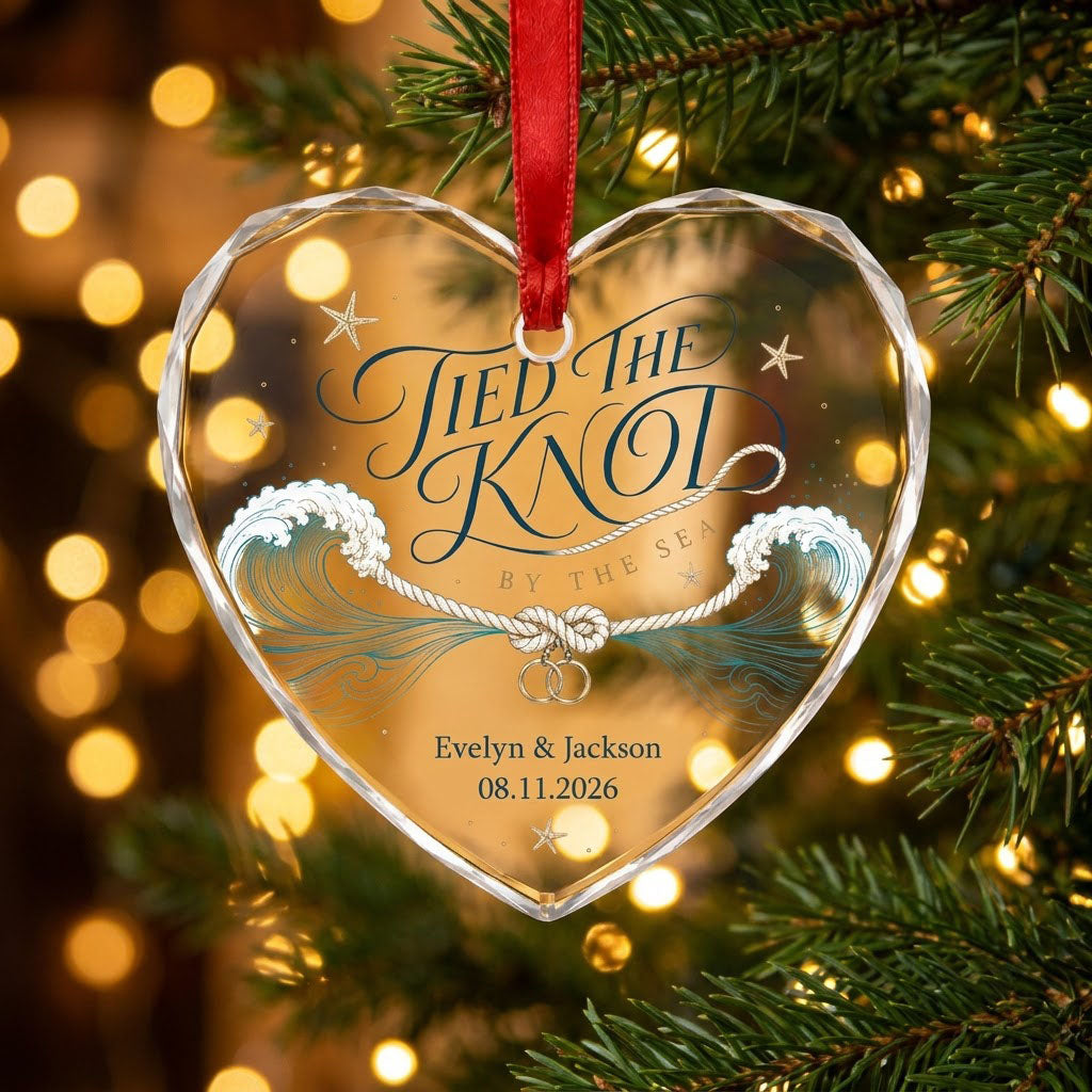 Personalized Tied the Knot by the Sea Beach Wedding Heart Glass Ornament