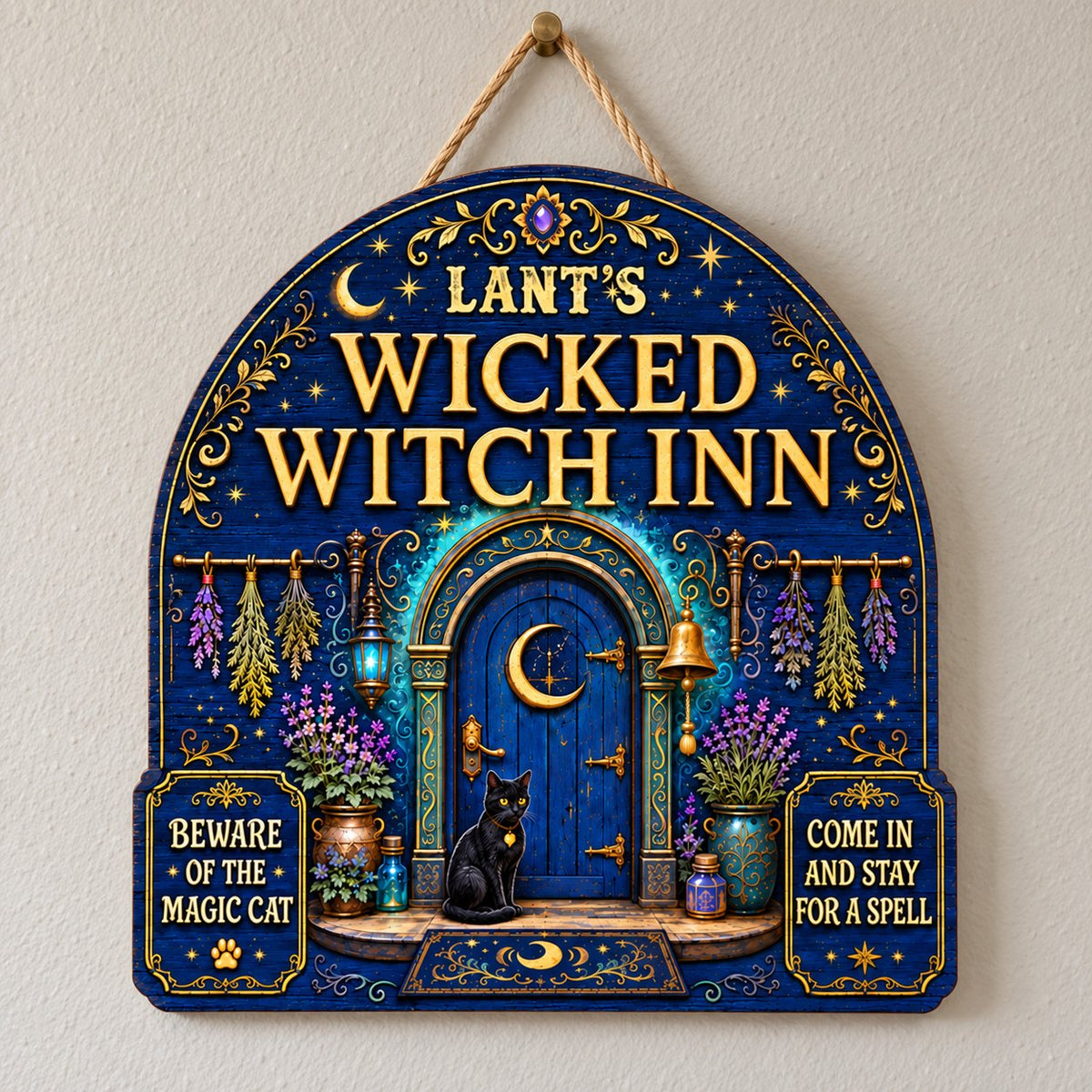 Custom-cut arched blue door wooden sign with black cat, crescent moon, herbs, lantern, bell, lavender and witchy plaques