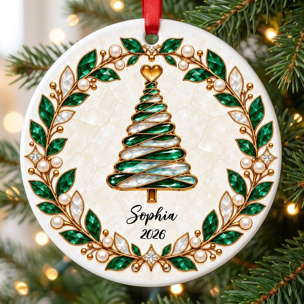 Round ceramic ornament with an emerald jeweled spiral Christmas tree and gold filigree wreath on cream.
