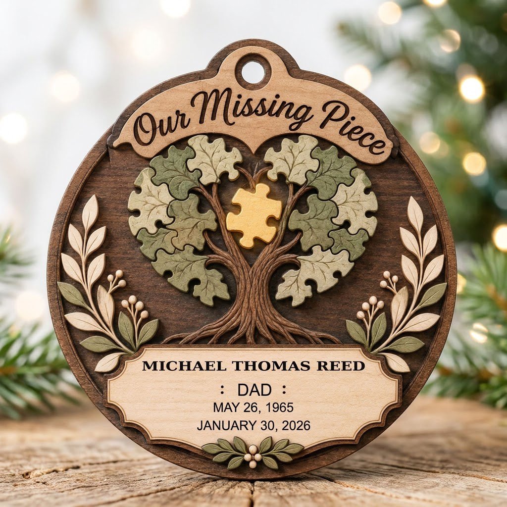 Round wood ornament displays “Our Missing Piece” with a puzzle-piece family tree and a gold missing piece at the center.