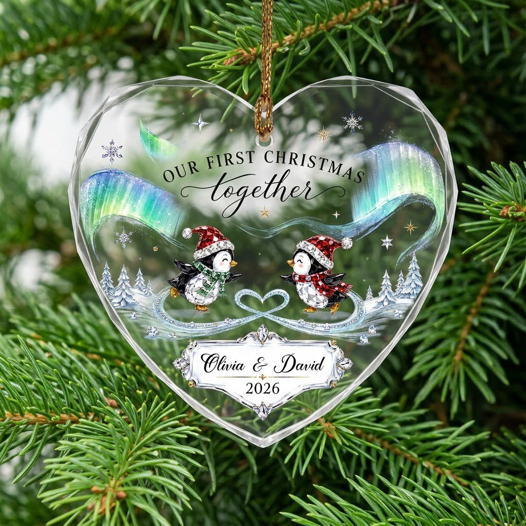 Heart glass ornament with two ice-skating penguins under green and blue aurora with names and date.