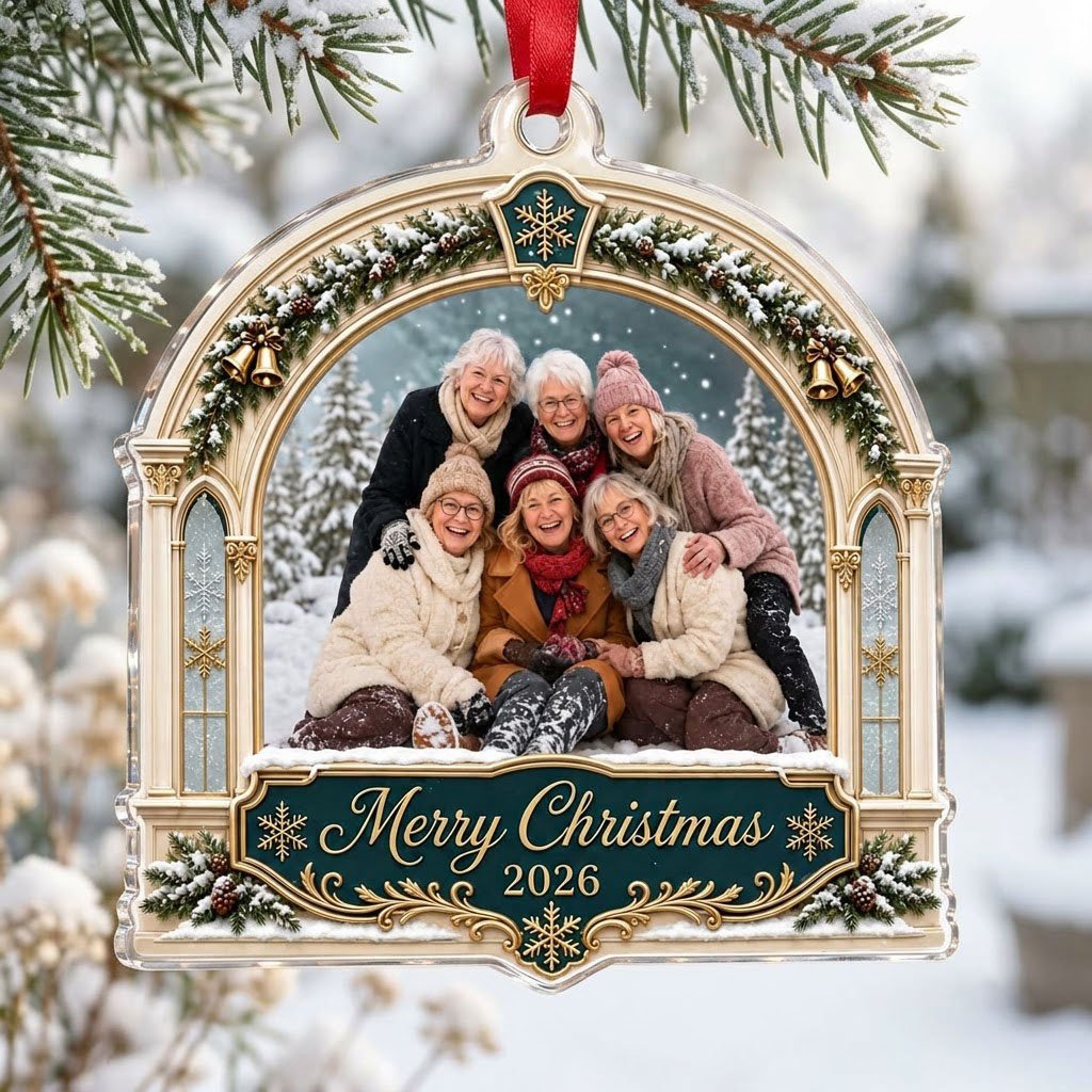 Arch acrylic ornament with pine, gold bells, Merry Christmas text, plus a photo and year on a green banner.
