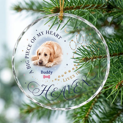 Personalized Dog Memorial Photo A Big Piece Of My Heart Lives In Heaven Round Glass Ornament