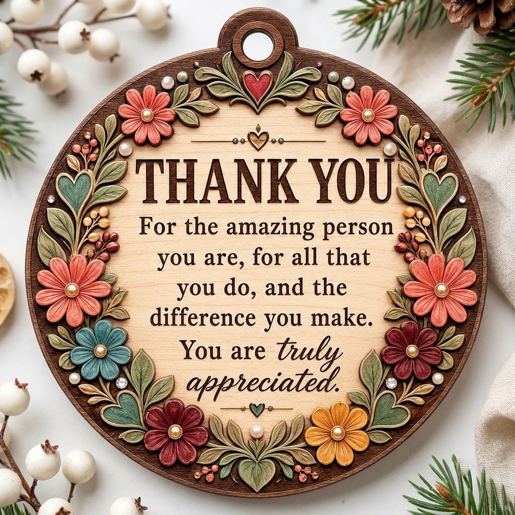 Round wood ornament with carved-look floral border and THANK YOU appreciation message in the center.