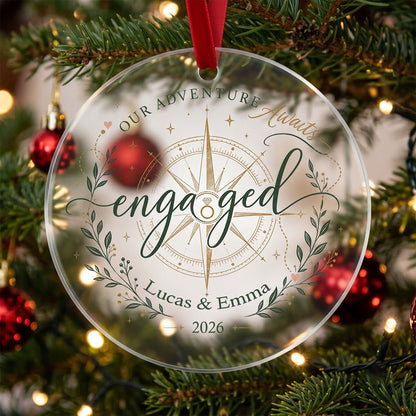 Personalized Our Adventure Awaits Engaged Compass Round Glass Ornament