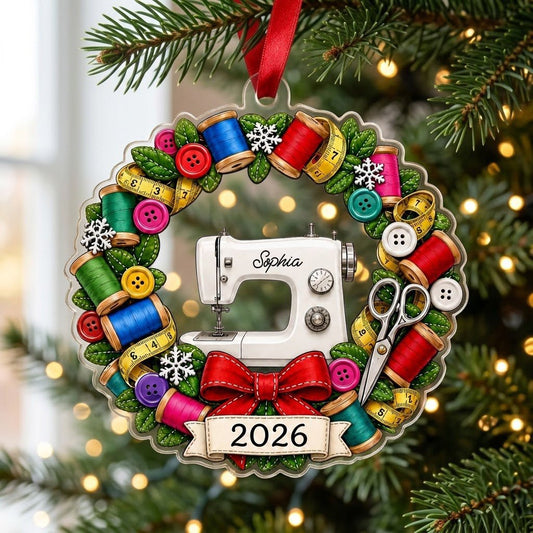 Personalized Sewing Machine Wreath Acrylic Ornament, Custom Quilter Seamstress Keepsake