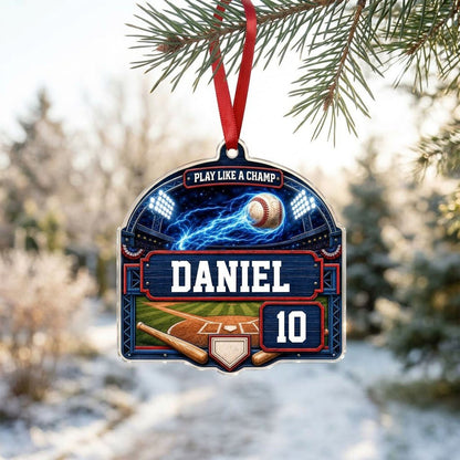 Arch acrylic ornament with flaming baseball in a night stadium, blue plaque, bats, home plate, name and number.