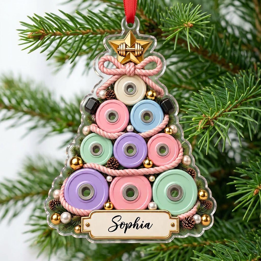 Acrylic Christmas tree ornament of stacked pastel weight plates with a gold star dumbbell and a cream name banner.