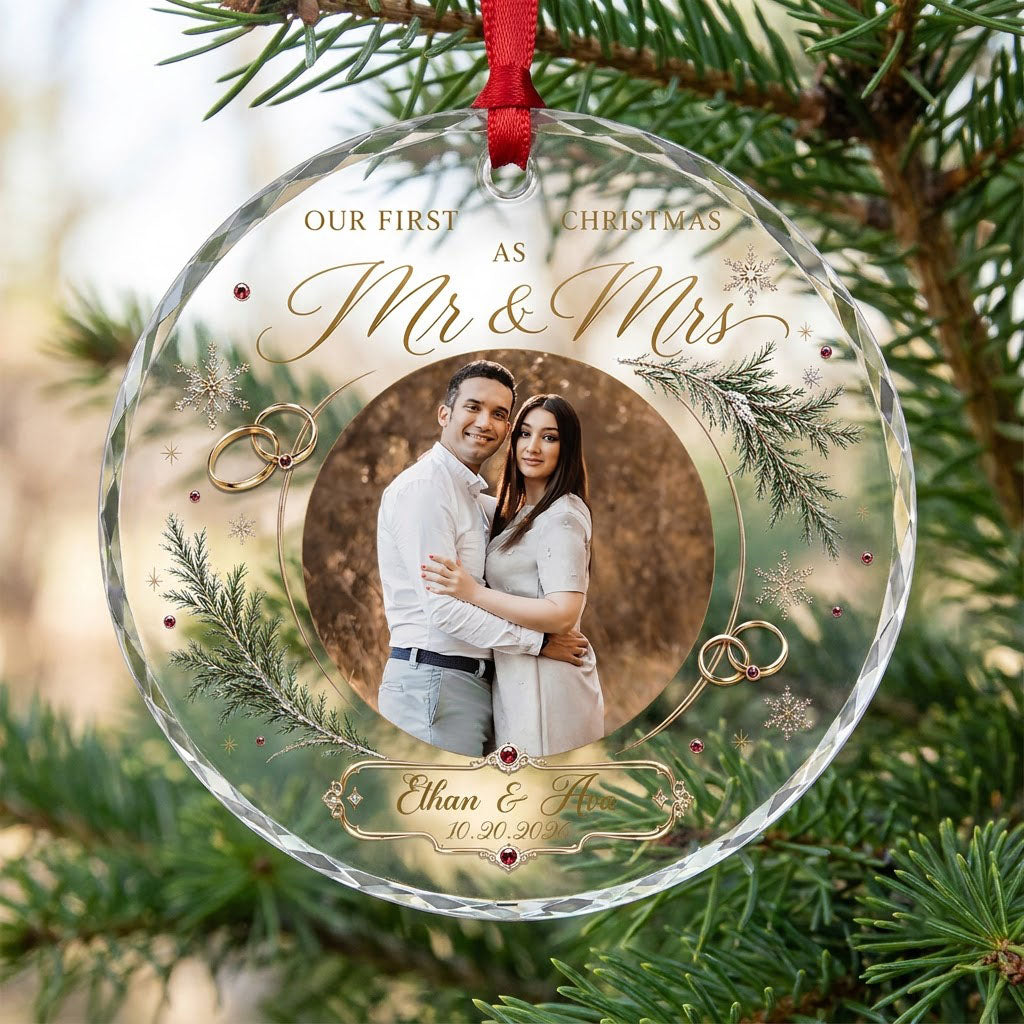 Round glass ornament with couple photo, gold wedding rings, snowflakes and 'OUR FIRST CHRISTMAS AS Mr & Mrs'.