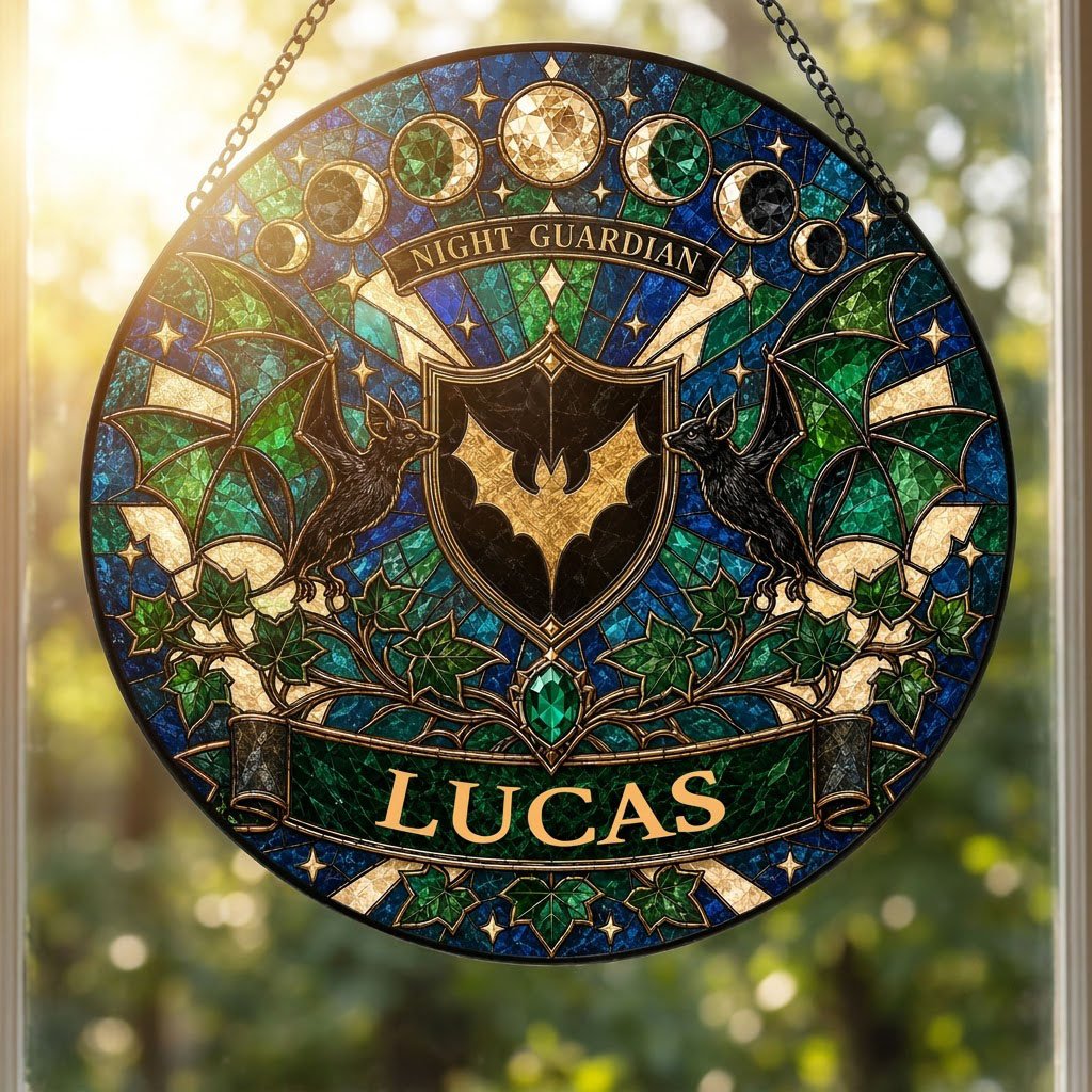 Round stained-glass suncatcher with gold bat shield, two black bats, moon phases, emerald gem, ivy and starbursts.