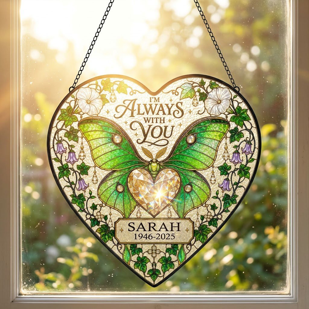 Personalized Luna Moth Memorial I'm Always With You Heart Stained Glass Suncatcher