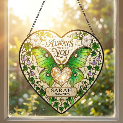 Personalized Luna Moth Memorial I'm Always With You Heart Stained Glass Suncatcher