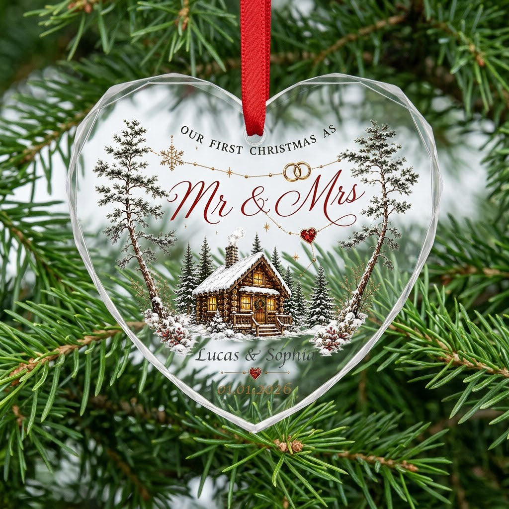 Personalized Our First Christmas as Mr & Mrs Winter Cabin Heart Glass Ornament