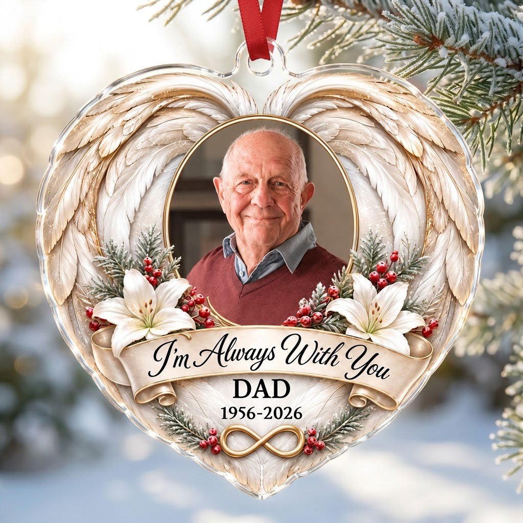 Heart-shaped acrylic ornament with angel wings, oval photo frame, white lilies, pine sprigs, red berries, and 'I'm Alway