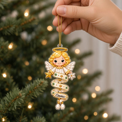 Acrylic ornament showing a polar bear and Mrs. Claus made of spiral ribbons with two personalized names on each characte