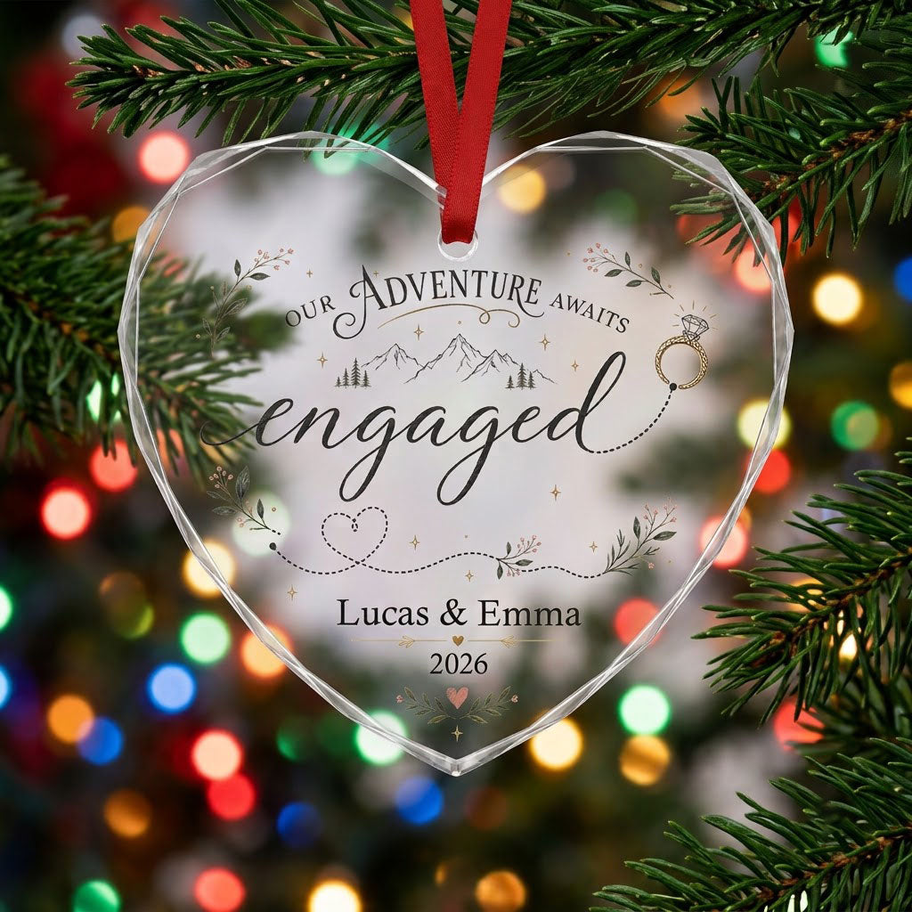 Personalized Our Adventure Awaits Engaged Mountain Heart Glass Ornament