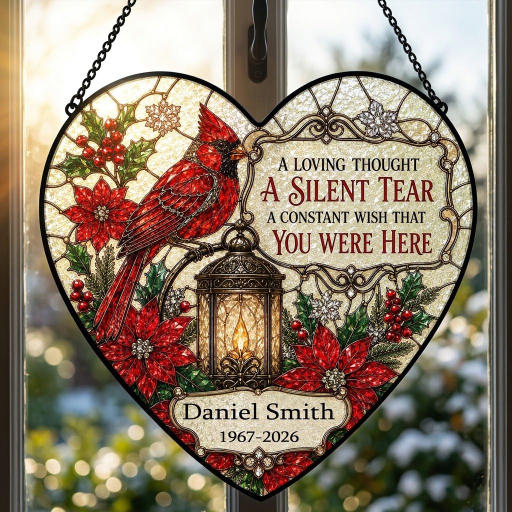 Personalized Red Cardinal Glowing Lantern A Silent Tear Memorial Heart Stained Glass Suncatcher