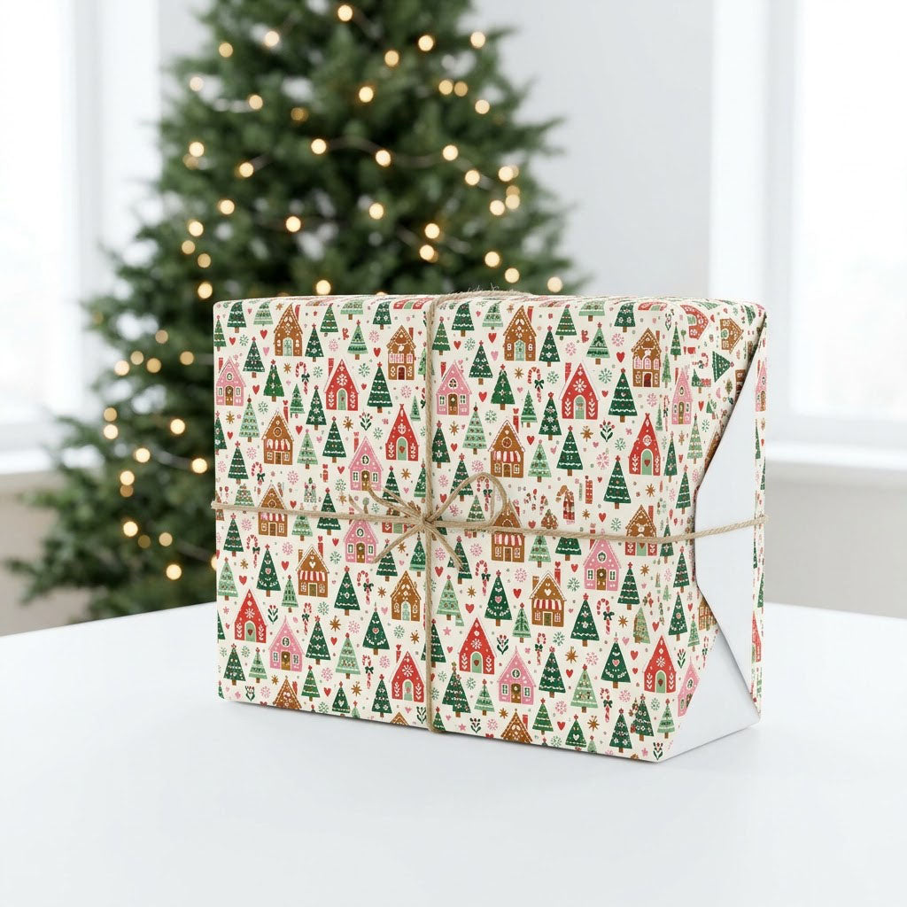 Cream wrapping paper with repeating gingerbread houses, green trees, candy canes, hearts, stars and snowflakes.