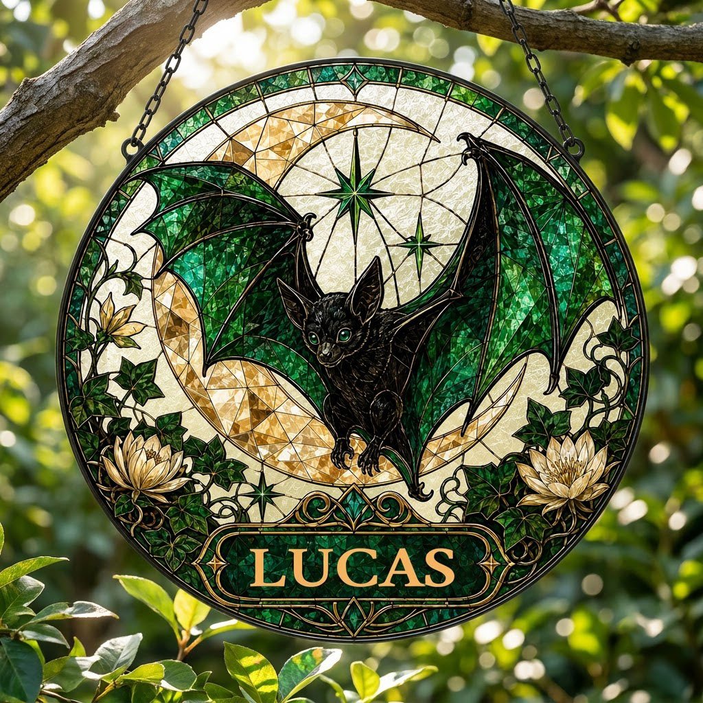 Round stained-glass style suncatcher with black bat, green wings, crescent moon, ivy, white flowers, and a personalized 