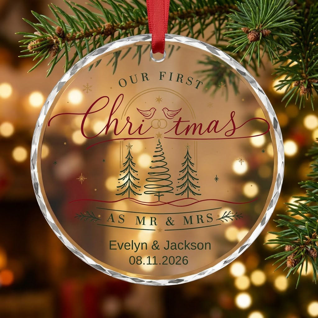 Personalized Our First Christmas as Mr & Mrs Doves and Trees Round Glass Ornament