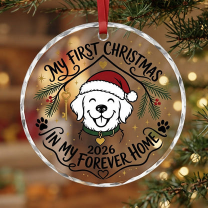 My First Christmas in My Forever Home Golden Puppy Round Glass Ornament